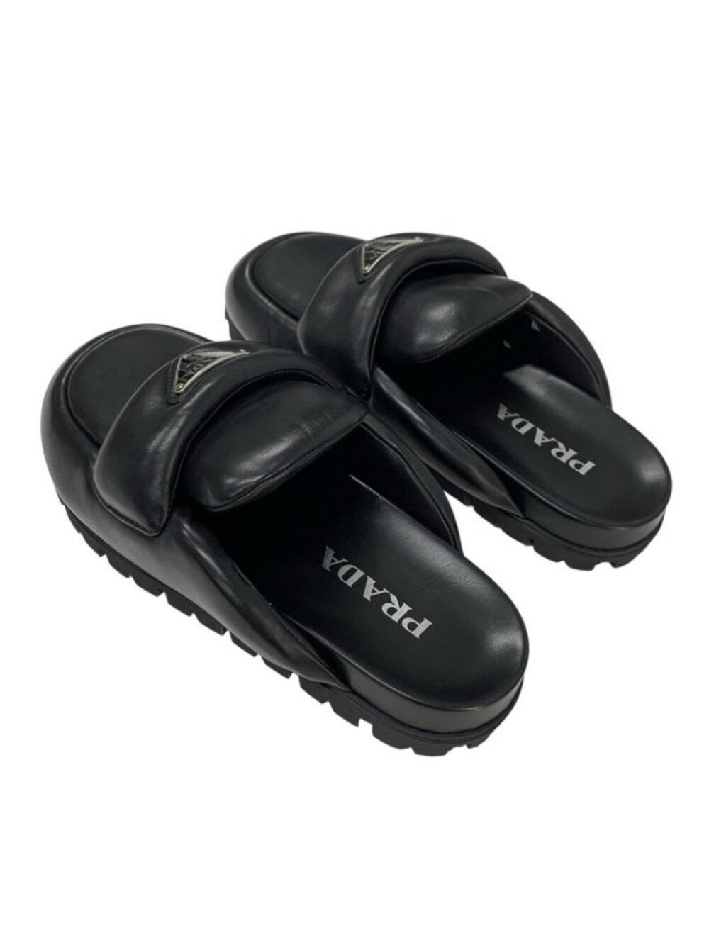 Prada Sandals Shoes Leather Black Triangle Logo Padded Nappa Sabot Mule - Picture 4 of 10